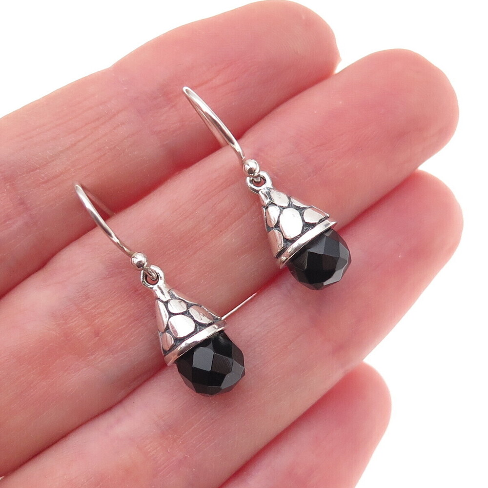 925 Sterling Silver Vintage Real Black Onyx Oxidized Dangle Earrings